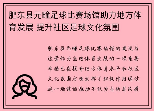 肥东县元疃足球比赛场馆助力地方体育发展 提升社区足球文化氛围