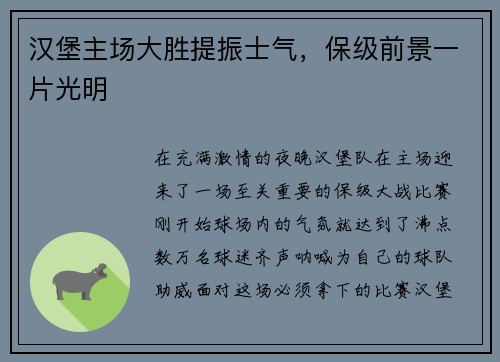 汉堡主场大胜提振士气，保级前景一片光明