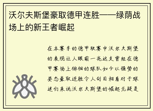 沃尔夫斯堡豪取德甲连胜——绿荫战场上的新王者崛起